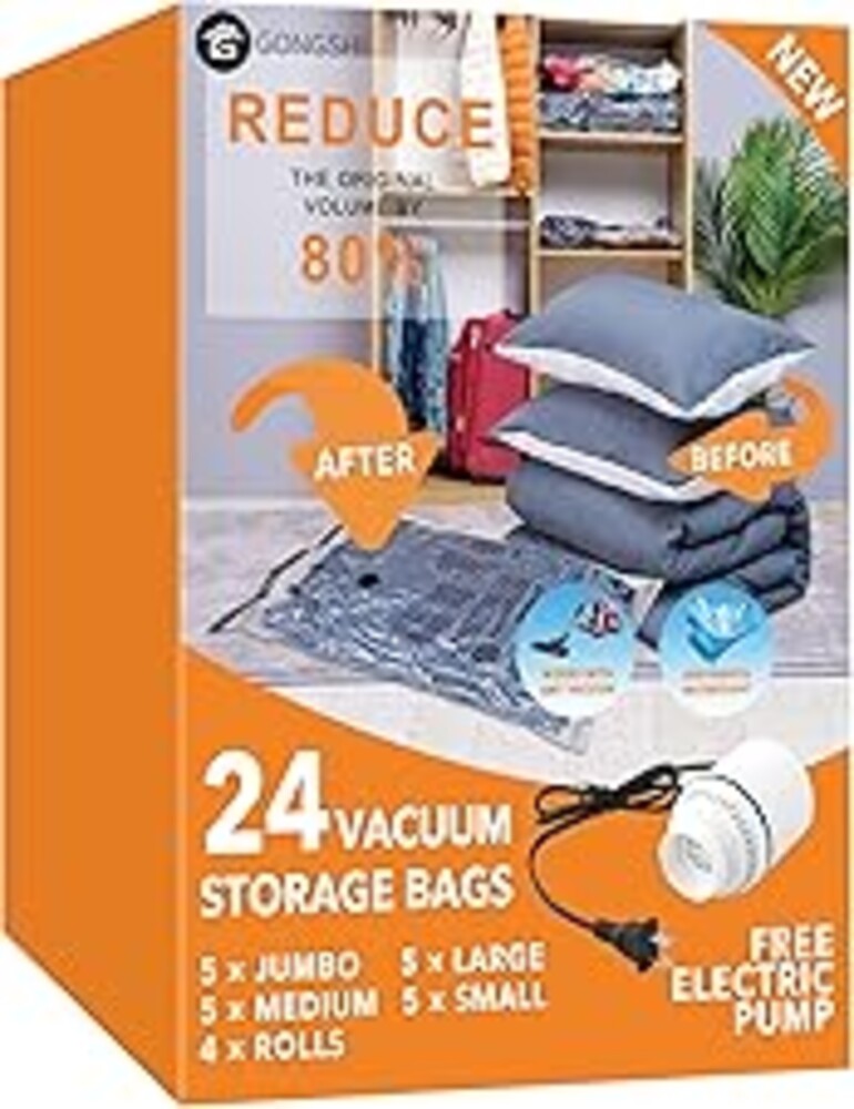 GONGSHI Vacuum Seal Bags for Clothing Travel & Home Storage, Travel Vacuum Bags with Pump,Space Saver for Blankets, Comforters, Pillows, Clothes,24 Combo with Electric Pump