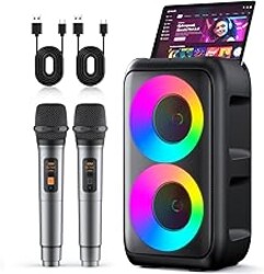 Karaoke Machine for Adults Kids, Portable Bluetooth Speaker with 2 Wireless Microphones, TWS Mode & LED Light, 10H Battery PA System Stage Monitors,Home Party Outdoor Birthday Gifts (Black)