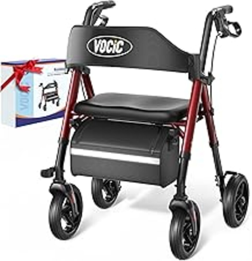 VOCIC Walkers for Seniors, Z21 Rollator Walker with Seat Supports 350lb, 8" Big Wheels for All Terrain, Ergonomic Arc Seat & 6" Ultra Backrest Foldable Walker, Dual Height Adjustment, Lightweight 2025