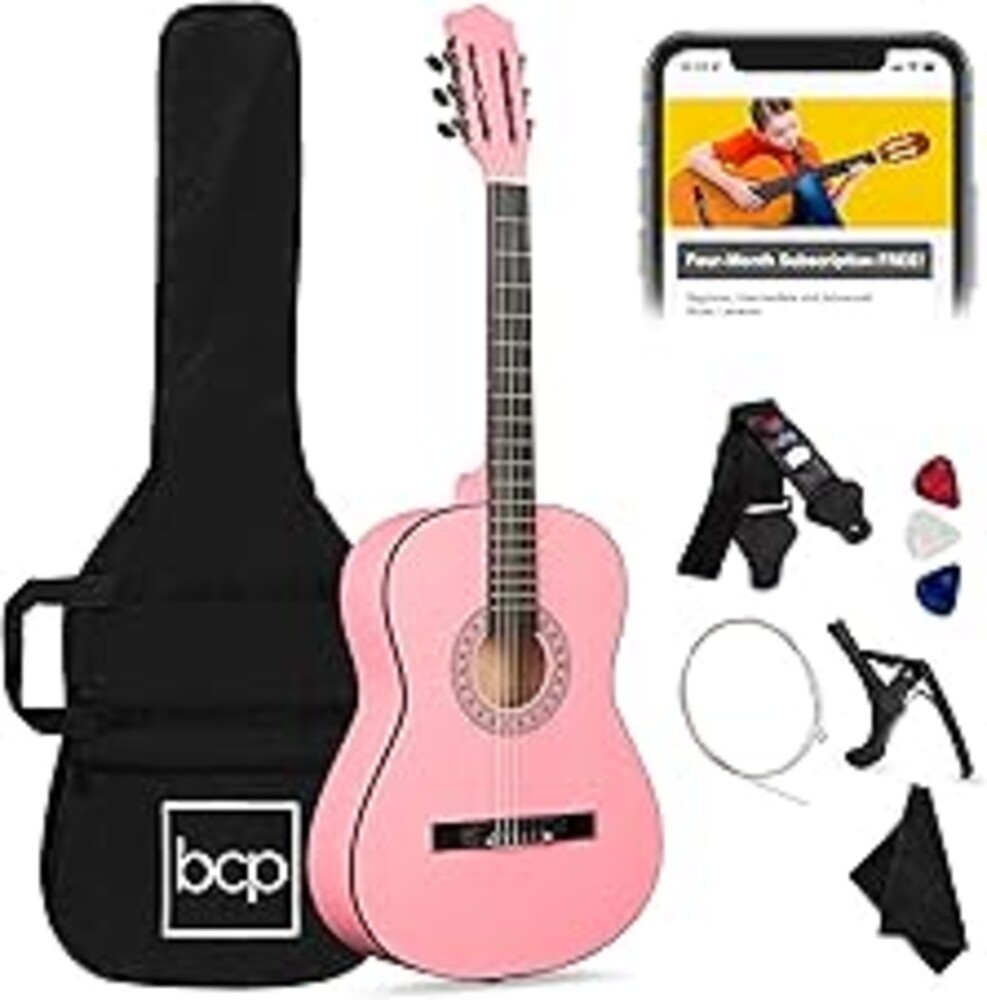 Best Choice Products 38in Beginner All Wood Acoustic Guitar Starter Kit w/Gig Bag, 6 Picks, Nylon Strings, Strap w/Pick Holder - Pink