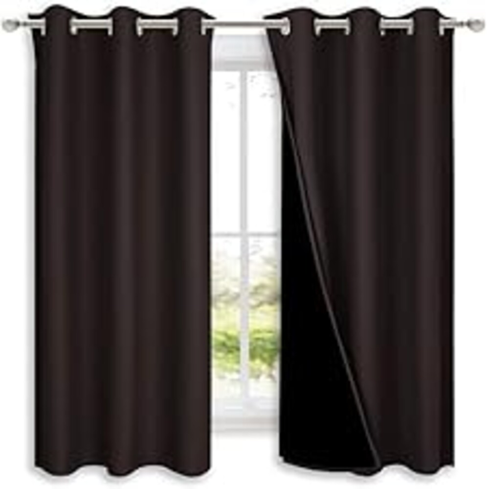 NICETOWN 100% Blackout Short Curtains with Black Liners, 2 Panels, 37" W by 63" L, Toffee Brown, Solid Thermal Insulated Full Blackout 2-Layer Lined Drapes, Energy Efficiency Window Drapes for Bedroom