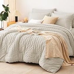 CozyLux King Size Comforter Set Oatmeal Seersucker 7 Pieces Bed in a Bag King Comforter Set with Sheets, Luxury Bedding Sets with Down Alternative Comforter, Sheets, Pillowcases & Shams All Seasons