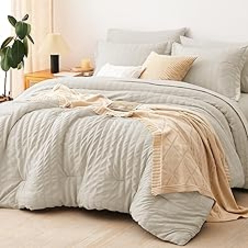 CozyLux King Size Comforter Set Oatmeal Seersucker 7 Pieces Bed in a Bag King Comforter Set with Sheets, Luxury Bedding Sets with Down Alternative Comforter, Sheets, Pillowcases & Shams All Seasons