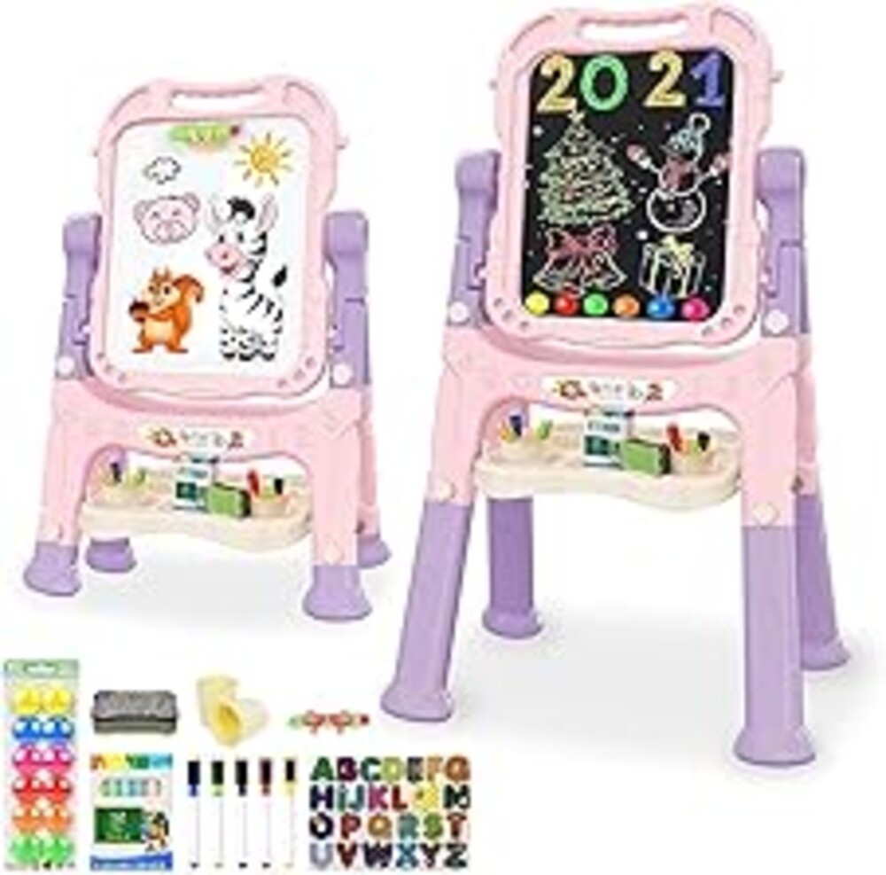 Mojitodon Art Easel for Kids, Adjustable Standing Rotatable Double Sided Easel with Painting Accessories for Toddlers Boys and Girls-Pink