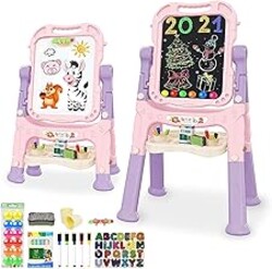Mojitodon Art Easel for Kids, Adjustable Standing Rotatable Double Sided Easel with Painting Accessories for Toddlers Boys and Girls-Pink