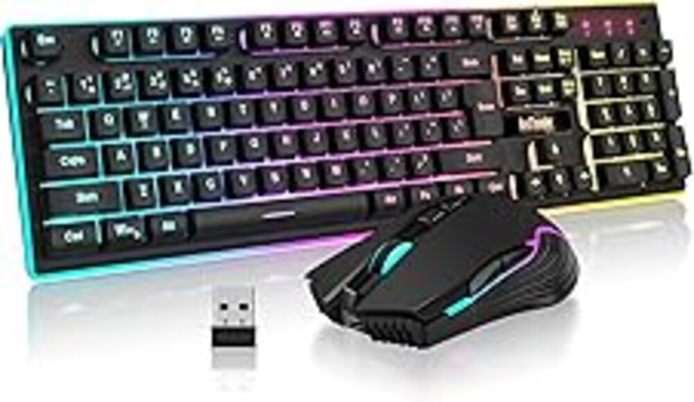 RedThunder K10 Wireless Gaming Keyboard and Mouse Combo, LED Backlit Rechargeable 3800mAh Battery, Mechanical Feel Anti-ghosting Keyboard + 7D 3200DPI Mice for PC Gamer (Black)