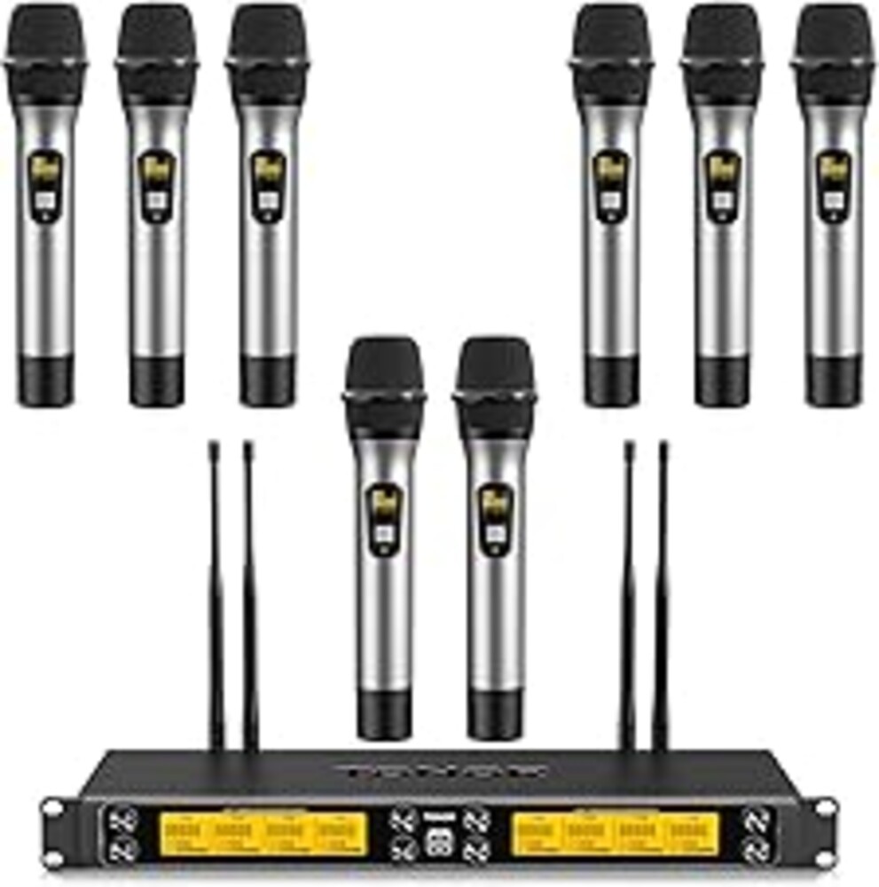 TONOR Wireless Microphones System, 8 * 12 Channel Metal Professional UHF Cordless Dynamic Handheld Mics with Receiver for Home Karaoke, Meeting, Party, Church, Wedding, KTV, 90 m/295ft, TW-880 Silver