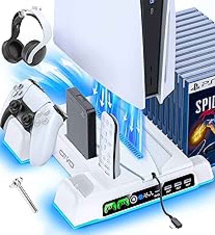 PS5/Slim/Pro Stand and Cooling Station with LED Controller Charging Station for PlayStation 5 Console, Controller Charger, Cooling Stand, PS5/Slim/Pro Skin Accessories Kit with 3 Level Cooler Fan