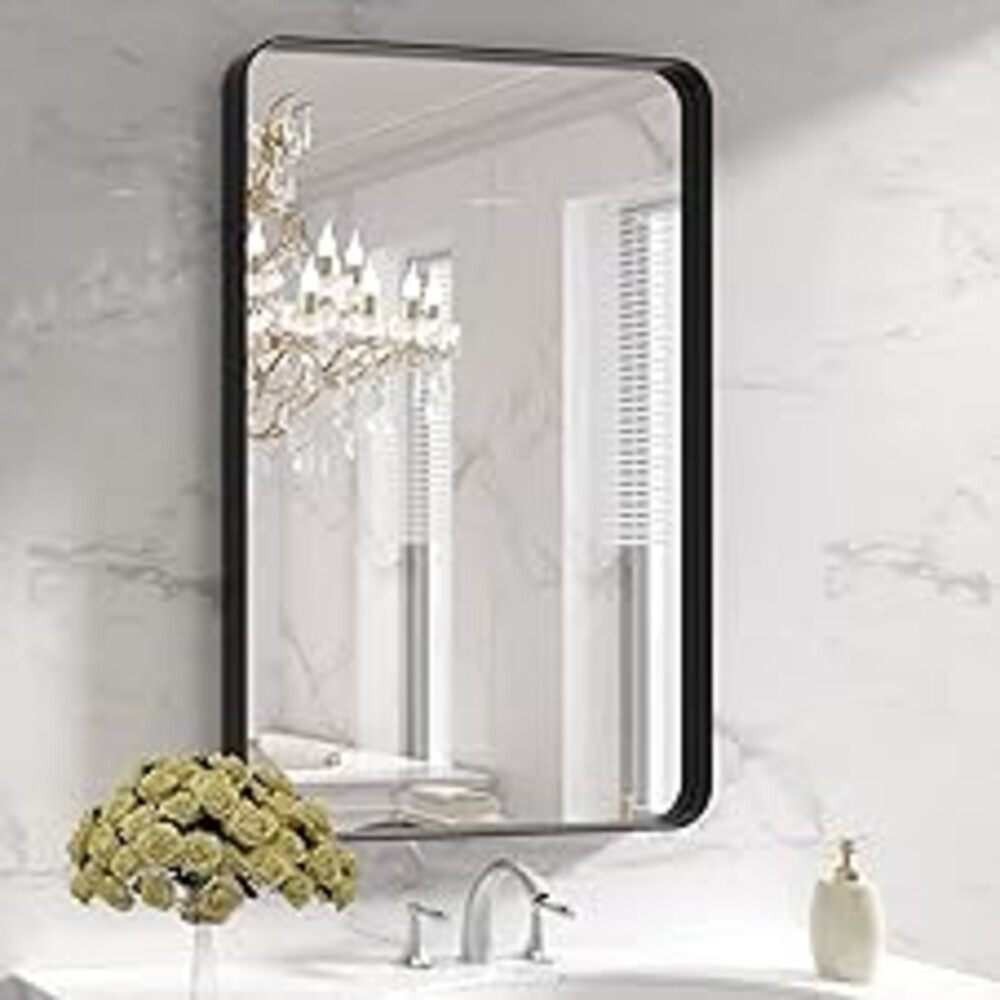 LOAAO Black Metal Framed Bathroom Mirror for Wall, 24X36 Inch Rounded Rectangle Mirror, Matte Black Bathroom Vanity Mirror Farmhouse, Anti-Rust, Hangs Horizontally or Vertically