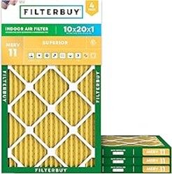 Filterbuy 10x20x1 Air Filter MERV 11 Superior Pet & Allergy Defense (4-Pack), Electrostatic Pleated HVAC AC Furnace Filters Replacement (Actual Size: 9.50 x 19.50 x 0.75)