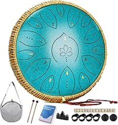 Steel Tongue Drum 13 Inches 15 Notes, Hand Pan Drums for Adults 440hz, C Major Handpan Musical Instrument with Song Book, Mallets and Carry Bag, Malachite Green