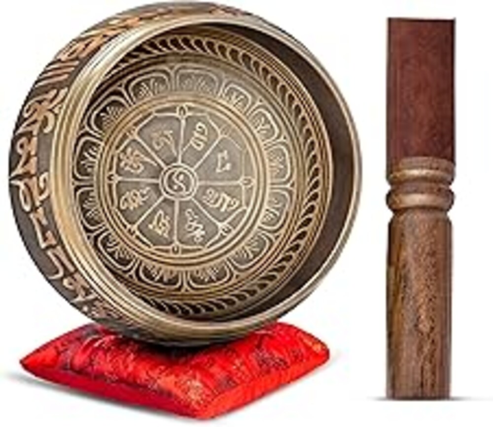 Premium Tibetan Singing Bowl Set – Handmade in Nepal Sound & Meditation Bowl – Spiritual Decor for Yoga, Wellness Spaces & Relaxation by Himalayan Bazaar (Brown & Red)