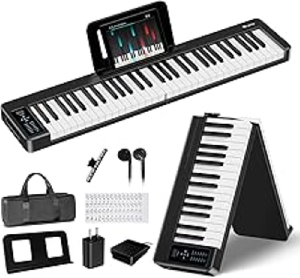 Rhymo Folding Piano Keyboard, 61 Keys Sensitive Electric Piano, Weighted Portable Electric Keyboards with Bluetooth MIDI, Digital Foldable Keyboard for Beginner (Black)