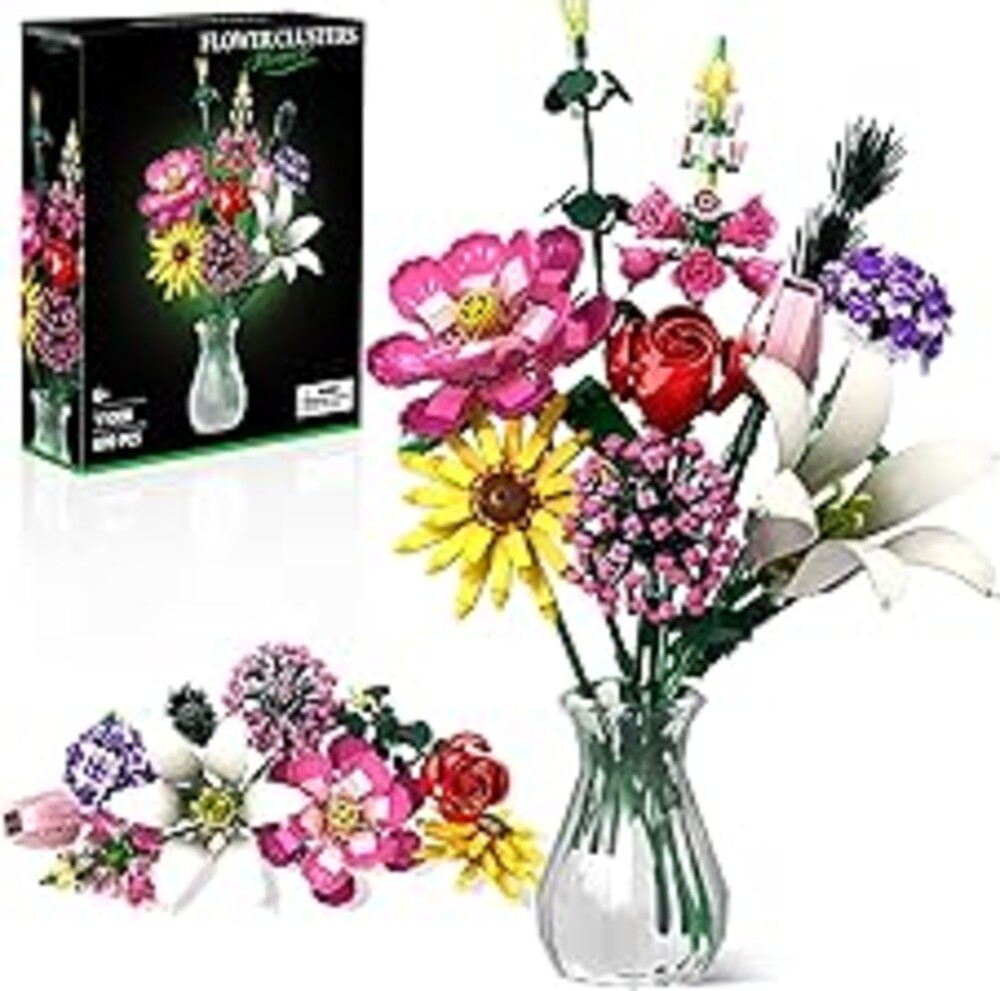 Flower Building Kit, 699 PCS Eternal Flower Bouquet with Peony, Rose, Sunflower, Lily & More, DIY Floral Arrangement Set for Home Decor, Gift for Christmas Day, Building Blocks for Adults & Kids
