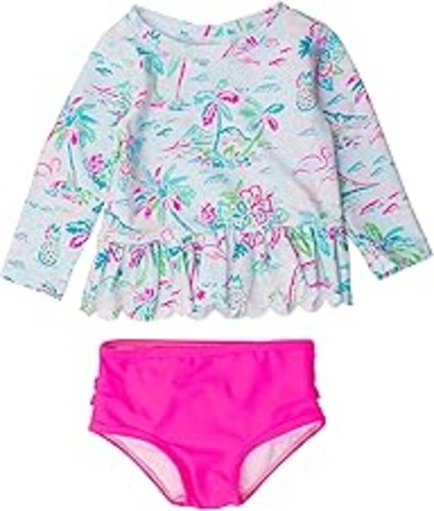 RuffleButts Baby/Toddler Girls Scalloped Long Sleeve Rash Guard 2-Piece UPF50+ Sun Protected Swimsuit