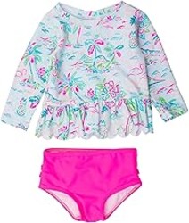 RuffleButts Baby/Toddler Girls Scalloped Long Sleeve Rash Guard 2-Piece UPF50+ Sun Protected Swimsuit