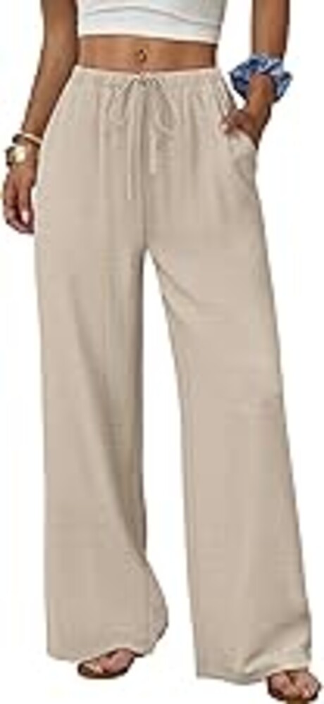 Sampeel Wide Leg Pants for Women Flowy Palazzo Drawstring Elastic Waist Trousers with Pockets Summer Beach Vacation Clothes