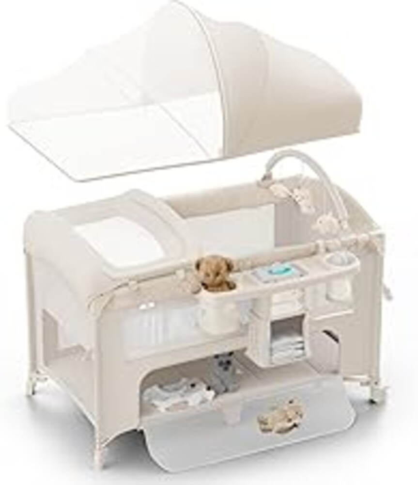 Obee Odee 4 in 1 Baby Bassinet, Pack and Play, Bedside Crib Sleeper, Diaper Changer - Comes with Mattress, Mosquito Net, Bottom Storage and Toy Bar for Newborn to Toddles
