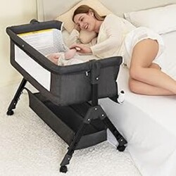 BCOL Baby Bassinet, Bedside Bassinet for Baby, 3 in 1 Bassinet Bedside Sleeper with Wheels, Mosquito Net, Adjustable Easy Folding Portable Bed for Infant Newborn (Dark Grey)