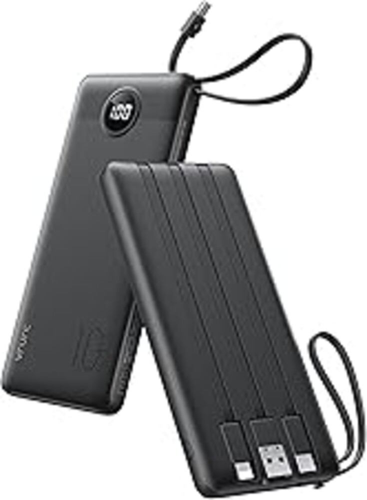 VRURC Portable Charger with Built in Cables, Slim Power Bank 10000mAh, USB C Travel Battery Pack, 5 Output 2 Input External Charging Bank for iPhone 17 16 15 14 13,Samsung,Android-Black(1 Pack)