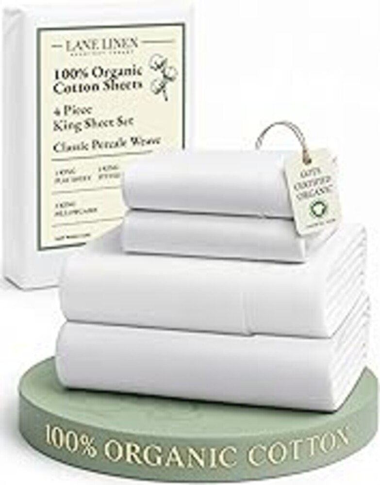 LANE LINEN 100% Organic Cotton King Size Sheets Set, Soft & Comfy All Season Breathable Sheets King Size, Percale Weave Fully Elasticized Eco Friendly Naturally Cooling King White Bed Sheets