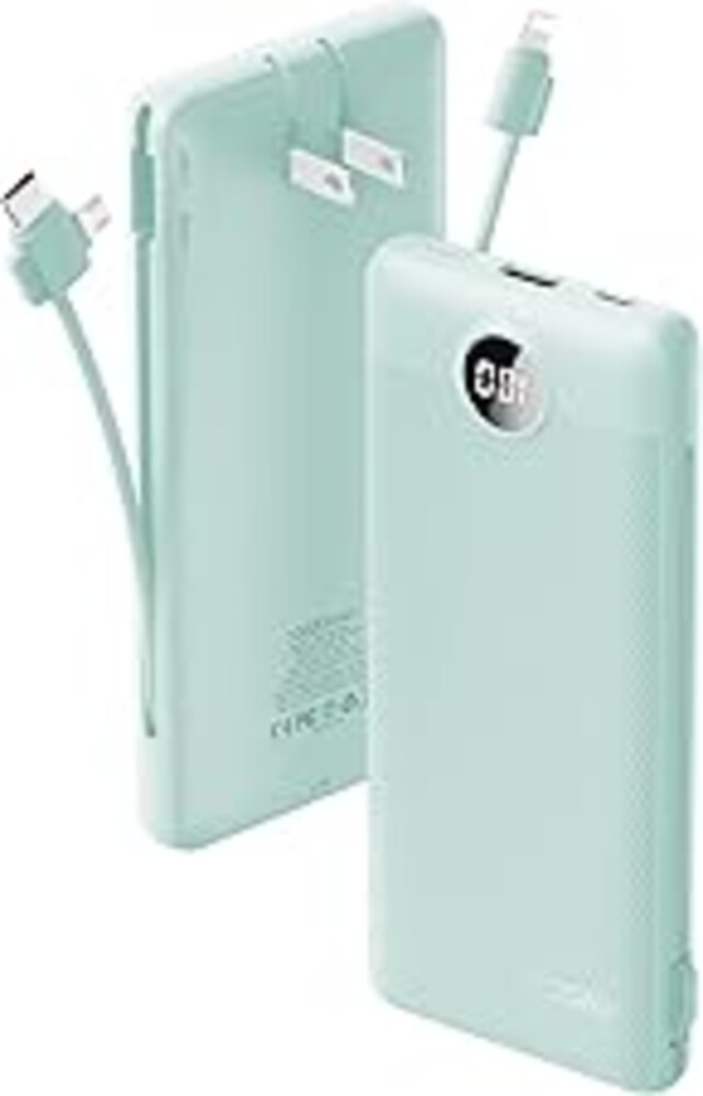 VRURC Portable Charger Built-in Cables and AC Wall Plug, USB C Power Bank 10000mAh, Travel Battery Portable Phone Charger Compact Lightweight External Battery Pack for Smart Phones, Tablets etc-Green