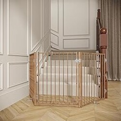 No Pawblems Free Standing Dog Gate with Door, 30'' Tall Foldable Dog Fence for Indoor & Outdoor, Up to 78 Inch Extra Wide Puppy Gate for Stairs, Hallways, Doorways, Deck, Yard (Wood Pattern, 3 Panels)