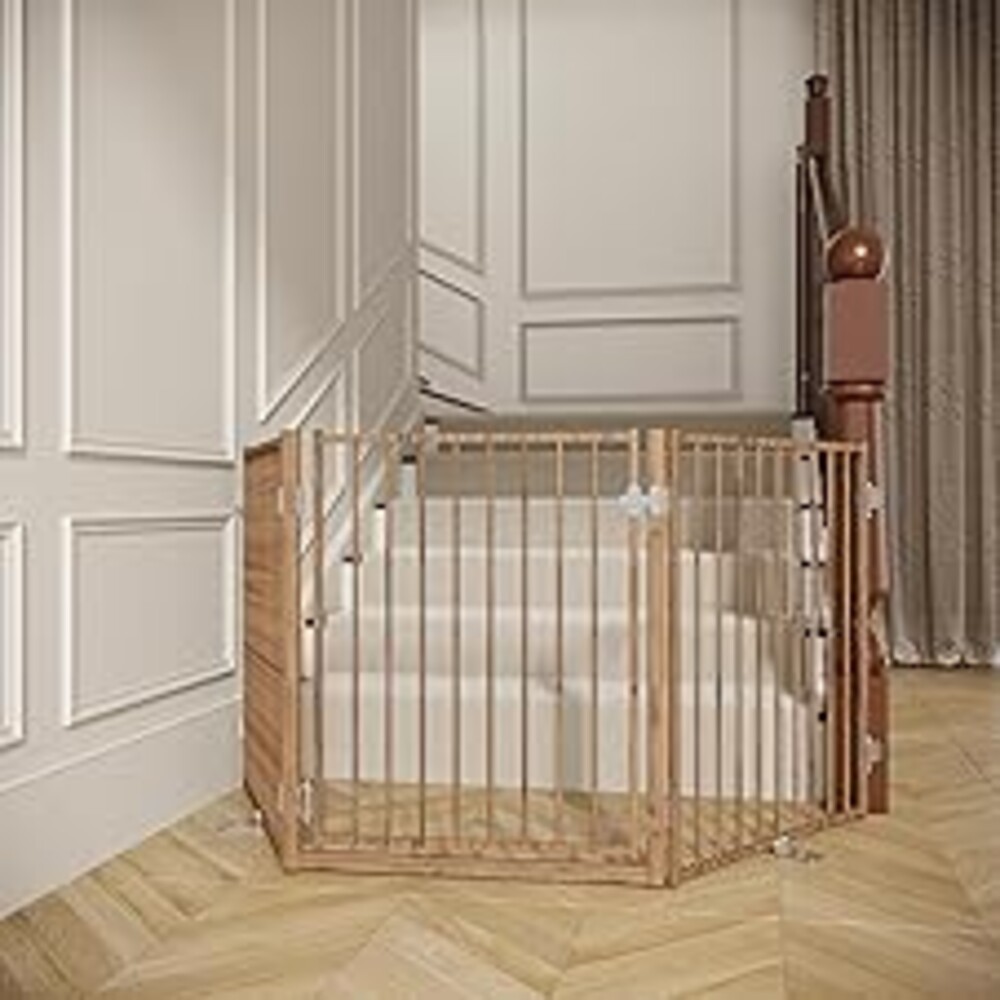 No Pawblems Free Standing Dog Gate with Door, 30'' Tall Foldable Dog Fence for Indoor & Outdoor, Up to 78 Inch Extra Wide Puppy Gate for Stairs, Hallways, Doorways, Deck, Yard (Wood Pattern, 3 Panels)