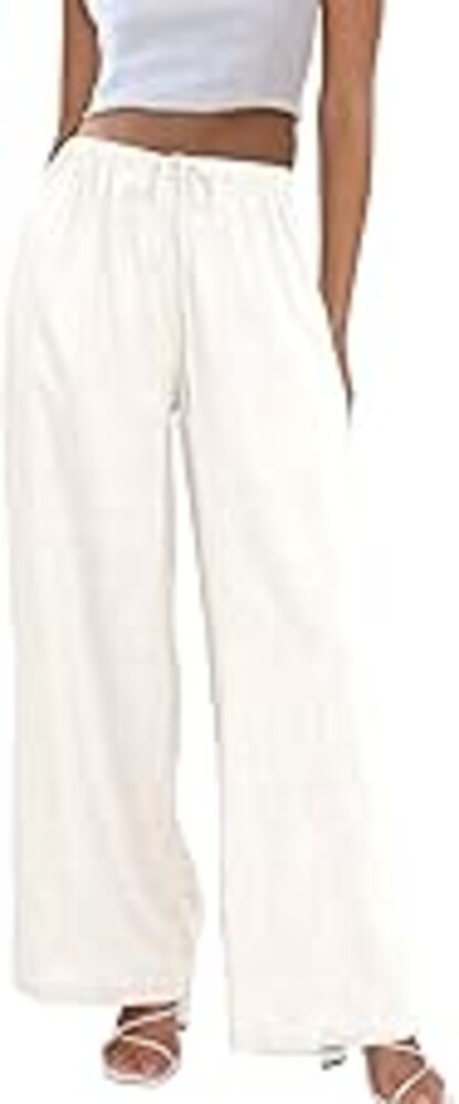 Duyang Womens Cotton Linen Palazzo Pants Drawstring Elastic Waist Casual Wide Leg Trousers with Pockets