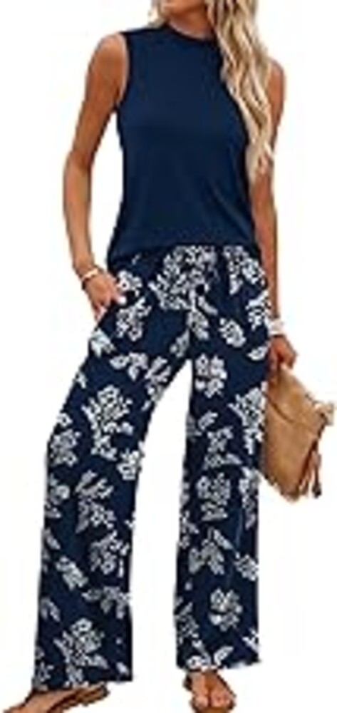 WIHOLL Two Piece Set for Women Summer Spring Outfits Cruise Travel Airport Beach Vacation Mock Neck Wide Leg Pants Set