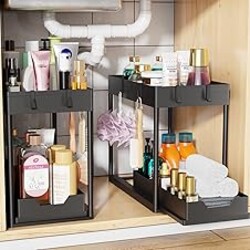 Simple Trending Under Sink Organizer 2 Pack, Sink Pull-Out Sliding Storage Cabinet, 2-Tier Under Shelf Organizer for Kitchen Bathroom, Black