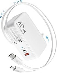 Retractable USB C Charger Wall Plug with 35.5in/90cm Type C Cables Cords,40W Fast Charging Foldable Block Multi Charger for All Devices for iPhone 17/16/15/14/13/12,iPad,Galaxy,Pixel