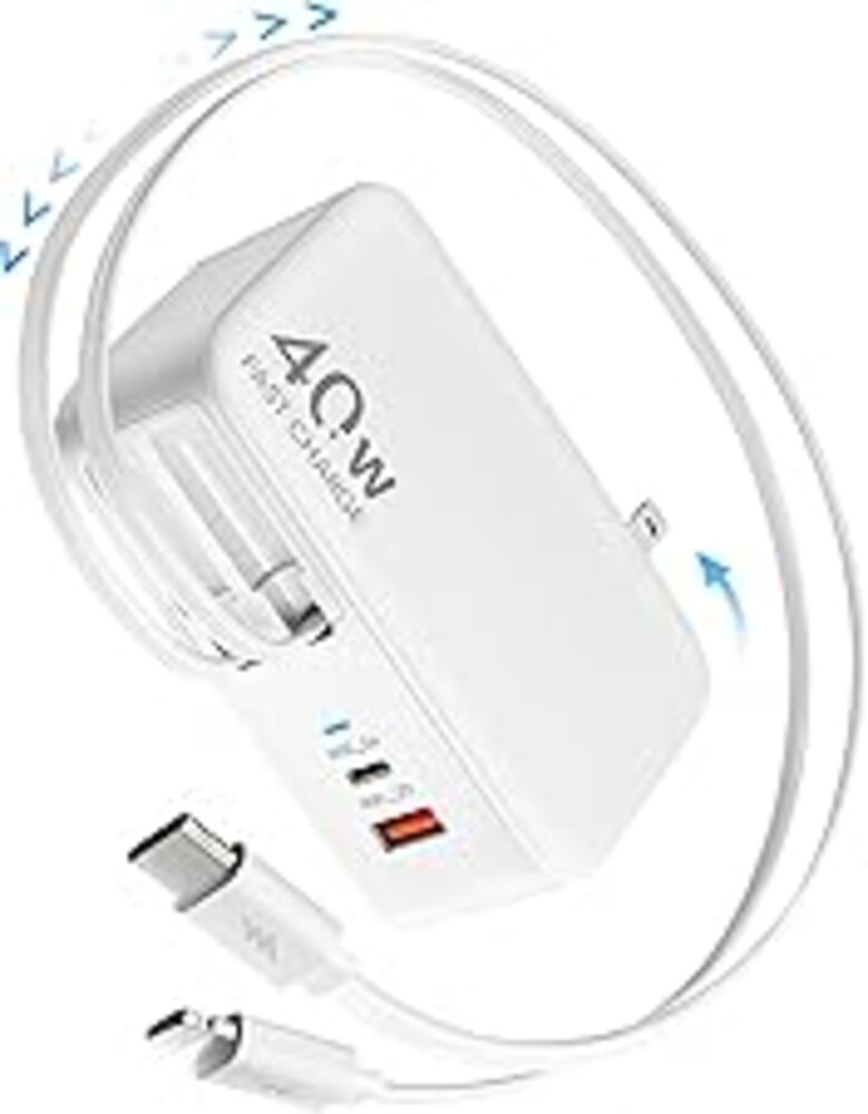 Retractable USB C Charger Wall Plug with 35.5in/90cm Type C Cables Cords,40W Fast Charging Foldable Block Multi Charger for All Devices for iPhone 17/16/15/14/13/12,iPad,Galaxy,Pixel