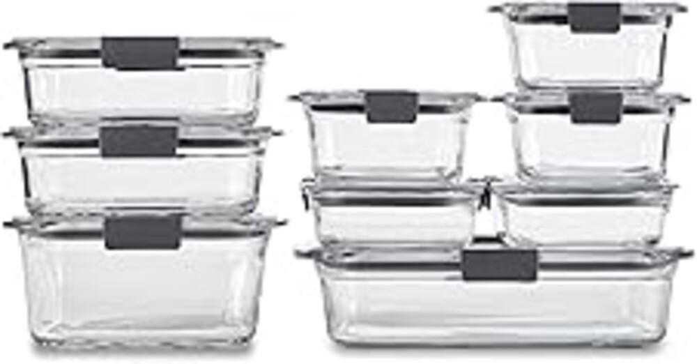 Rubbermaid Brilliance Glass Food Storage Containers, Assorted Sizes, Set of 9, BPA-Free, Leak-Proof, Clear