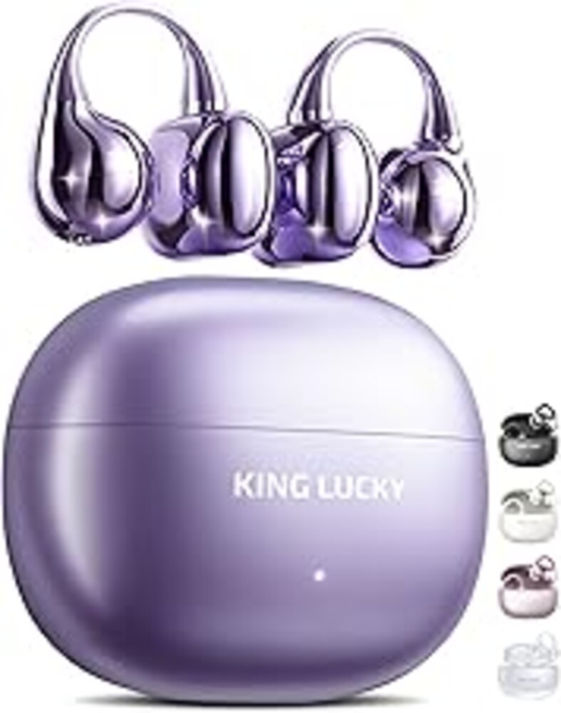 King Lucky Clip-On Earbuds Gen 3, Open-Ear Wireless Bluetooth 6.0 Headphones with Mic, Secure Fit for Small Ears & Glasses Wearers, 50H Playtime, ENC, IPX5 Waterproof Sport Ear Buds (Purple)