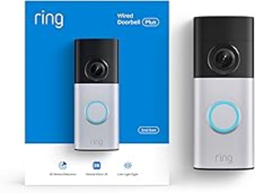 Ring Wired Doorbell Plus (newest model), Home or business security, Retinal 2K with wide-angle video, 4x Enhanced Zoom, and Low-Light Sight, Nickel Silver