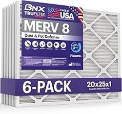 BNX TruFilter 20x25x1 Air Filter MERV 8 (6-Pack) - MADE IN USA – Dust & Pet Defense Electrostatic Pleated Air Conditioner HVAC AC Furnace Filters for Dust, Pet, Mold, Pollen MPR 600 – 700 & FPR 5