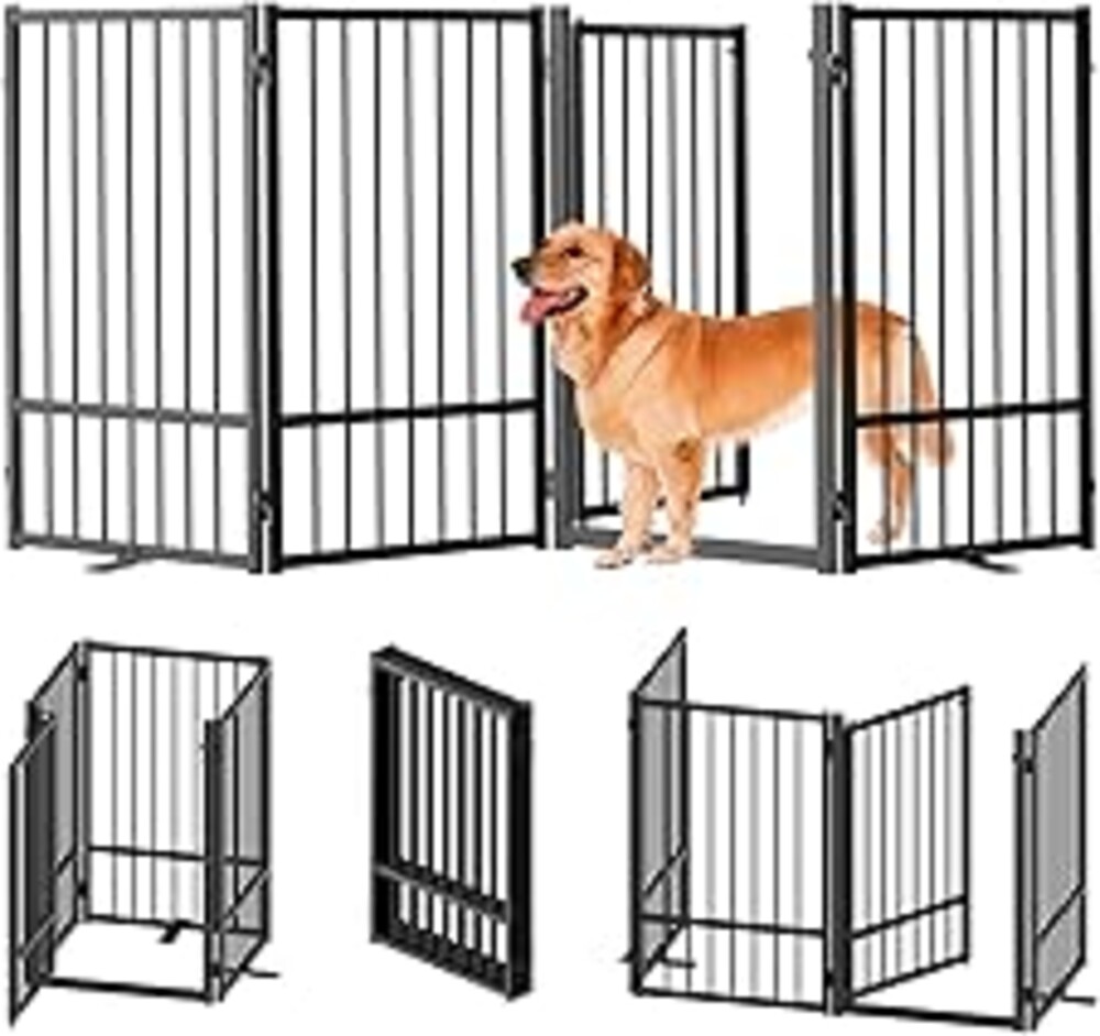 SNUOWU Full Metal Freestanding Dog Gate with Door, 32''Height Foldable Pet Dog Fence for Indoor & Outdoor, 4 Panels Extra Wide Free Standing TallDog Gates for Doorways,House,Stairs,Porch,Deck,Yard