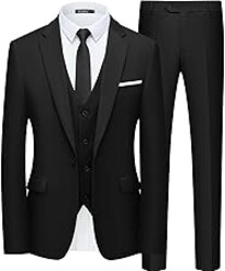 WULFUL Men’s Slim Fit Suit One Button 3-Piece Blazer Dress Business Wedding Party Jacket Vest & Pant