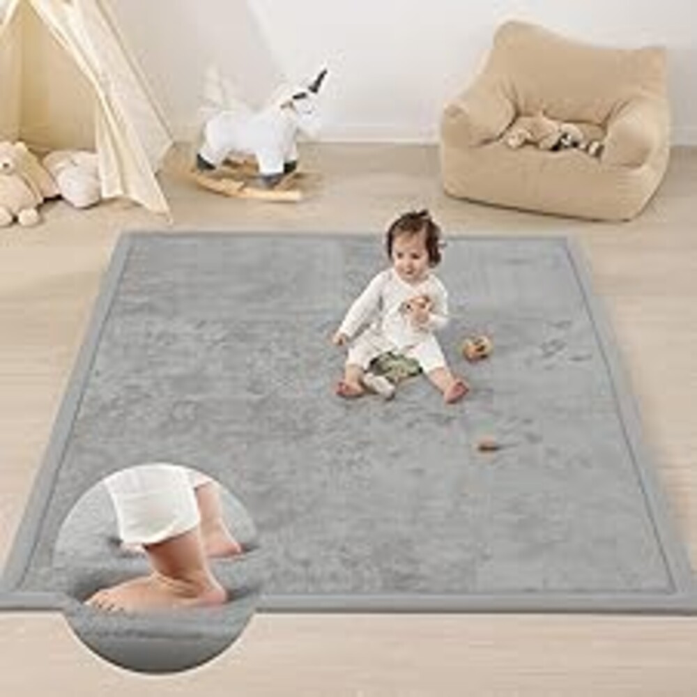 PaPaMat 1.3" Thick Foam Baby Play Mat Extra Large 79x158, Basic Padded Plush Tummy Time Crawling Mat, Non-Slip Support Area Rug for Playroom Nursey Living Room (Light Grey)