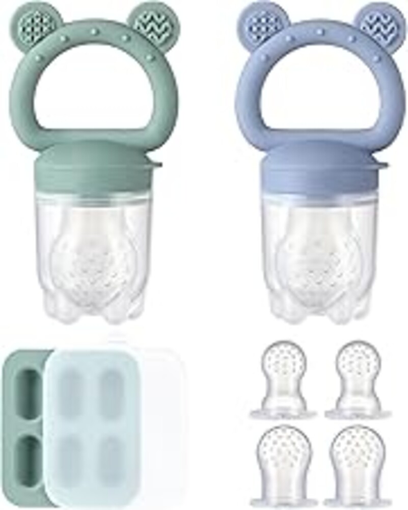 2 Pack Silicone Baby Fruit Feeder with Mini Freezer Tray, Breastmilk Popsicle Molds for Baby Teething Relief, Fresh Food Feeder for Safe Infant Self Feeding, Extra Food Pouches