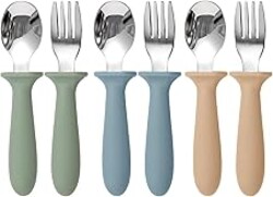 Eascrozn Toddler Utensils, 6 Pack kids Silverware Set with Silicone Handle, 18/8 Stainless Steel Children Safe Forks and Spoons, Dishwasher Safe
