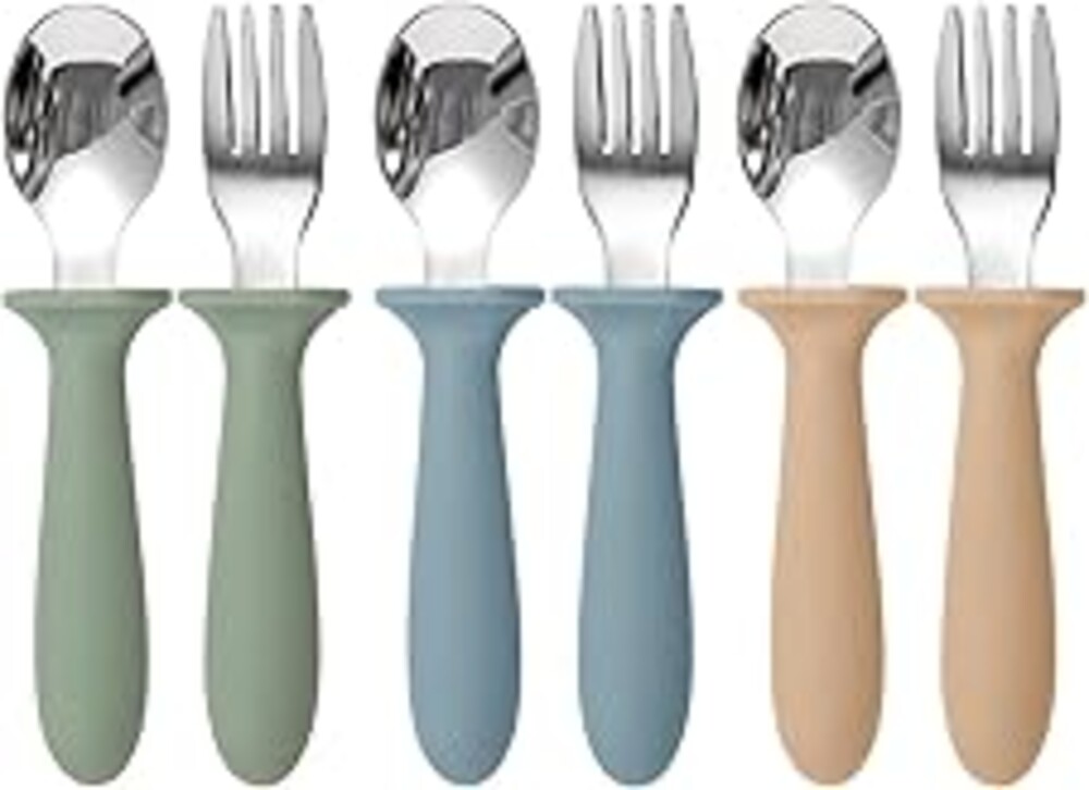 Eascrozn Toddler Utensils, 6 Pack kids Silverware Set with Silicone Handle, 18/8 Stainless Steel Children Safe Forks and Spoons, Dishwasher Safe