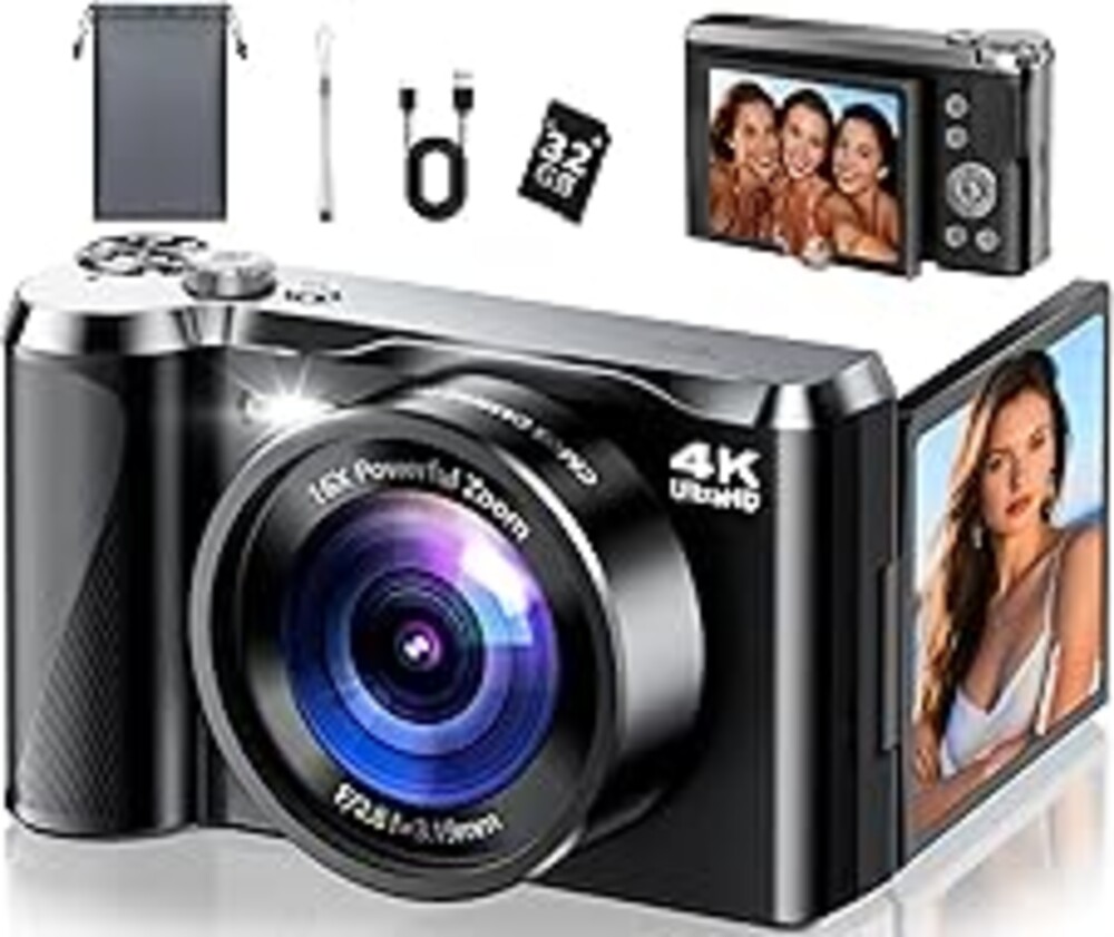 4K Digital Camera for Photography & Travel, 56MP Autofocus Vlogging Camera with 3" 180° Flip Screen, 16X Zoom, Compact Point and Shoot Camera for Beginners and Teens, 32GB Card Included