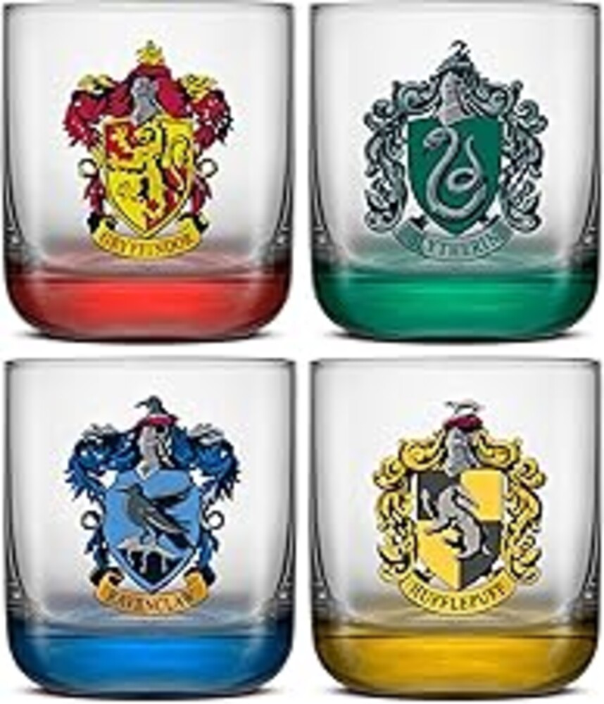 JoyJolt Harry Potter House Pride Short Drinking Glasses, 10oz Glass Tumblers, Kitchen Drinking Glasses Set of 4, Hogwarts Cup, Harry Potter Gifts for Adults