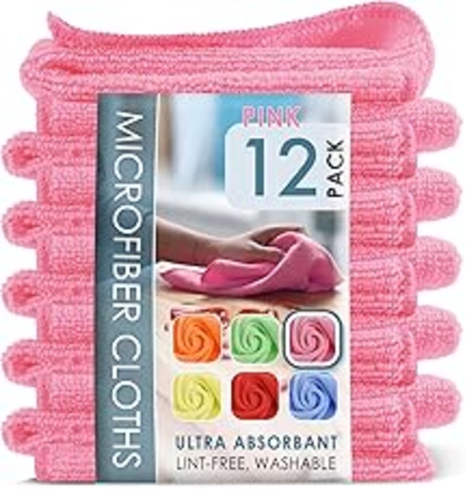 Hearth & Harbor Microfiber Cleaning Cloths, 12 Pack Pink Reusable Towels, Lint Free