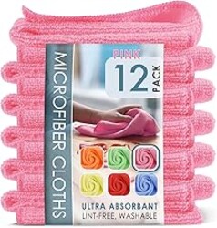 Hearth & Harbor Microfiber Cleaning Cloths, 12 Pack Pink Reusable Towels, Lint Free