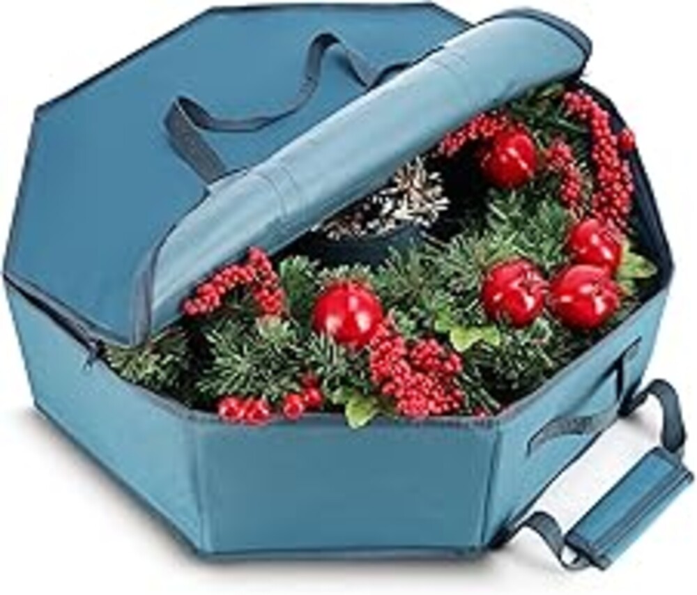 Hearth & Harbor Wreath Storage Container - Hard Shell Christmas Wreath Storage Bag with Interior Pockets, Dual Zipper and Handles - 30"