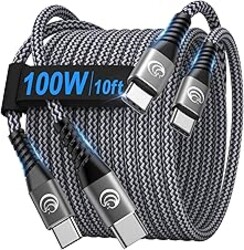 USBC to USBC 100W [10ft/2 Pack] USB C to USB C Fast Charging Cable Braided C to C Charger Cord for MacBook Pro/Air, iPhone 16 15 Pro Max Plus,iPad Pro,Samsung Galaxy S25 Ultra S24 S23,Pixel,PS5,Switch