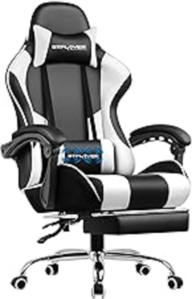 GTPLAYER Gaming Chair, Computer Chair with Footrest and Lumbar Support, Height Adjustable Game Chair with 360°-Swivel Seat and Headrest and for Office or Gaming (Pearl White)